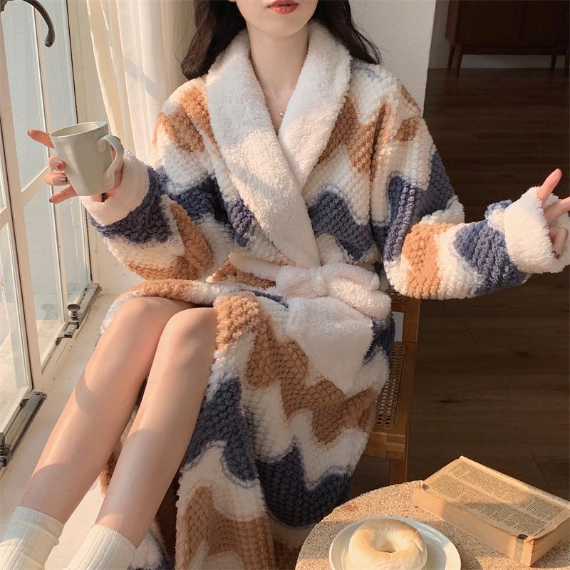Autumn/Winter Women's Coral Fleece Bathrobe: V-neck, Belted, Long Sleeves, Mid-length, Sweet Style, Warm Homewear.