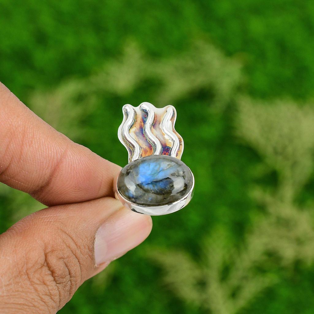 Natural Labradorite Gemstone Multi Stone Ring Size 7.75 925 Sterling Silver