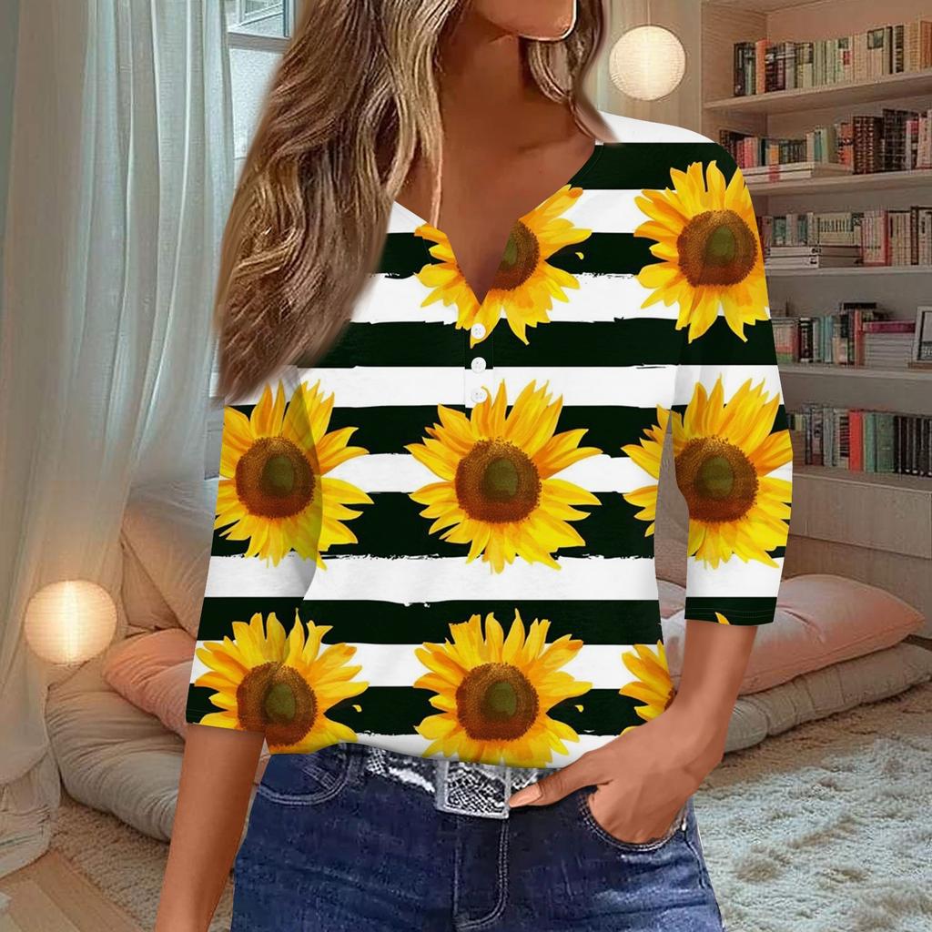 Women's T Shirt Tee Print Button 3/4 Sleeve Daily Weekend Fashion Basic V Neck Regular Top