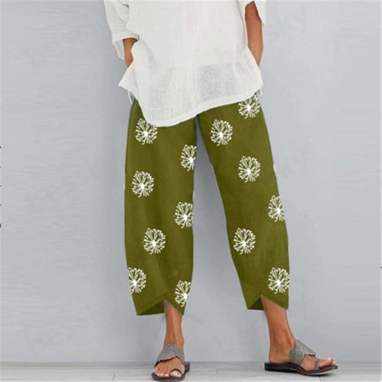 Women's Cotton Linen Elastic Waist Print Wide-Leg Pants - Loose Casual Nine-Point Style