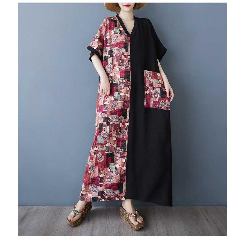 Color Patchwork Black Long Dress Retro Robe