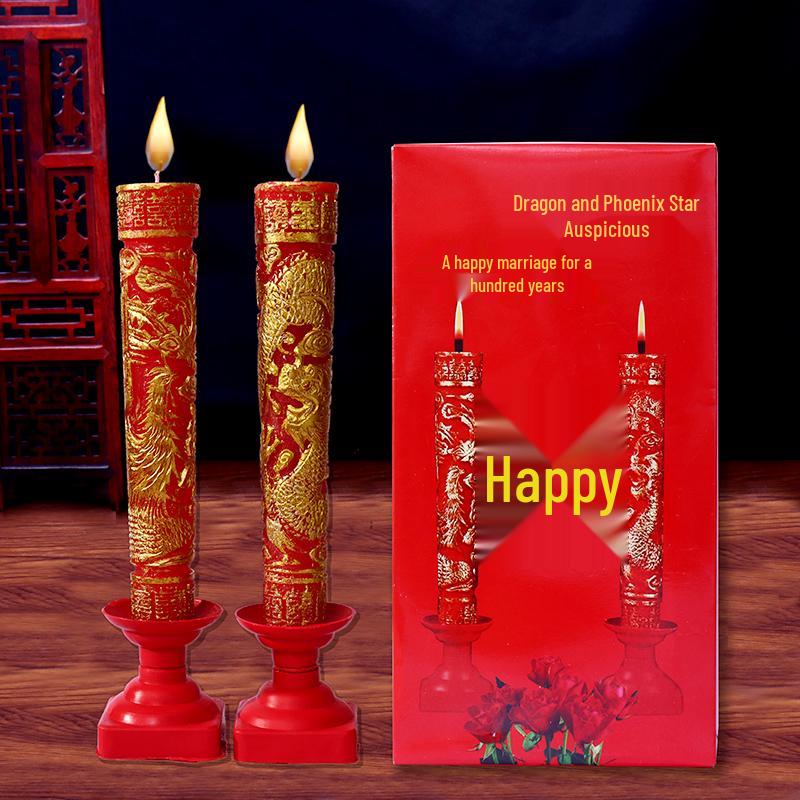 Double Happiness Wedding Candles: Smokeless Red Dragon and Phoenix Pair for Bridal Chamber