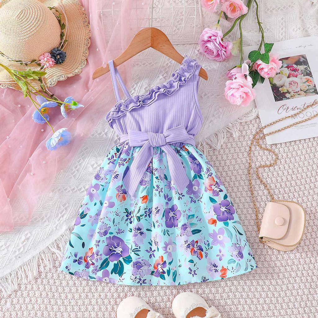 Summer New Sweet Girl's Ribbed Strap Dress Korean Fashion Floral Print A-line Dress