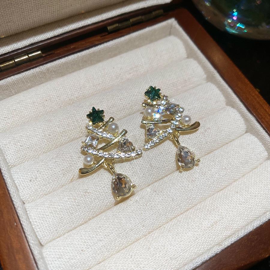 

Silver Needle Rhinestone Pearl Teardrop Christmas Tree Dangle Earrings - Light Luxury High-End Accessory