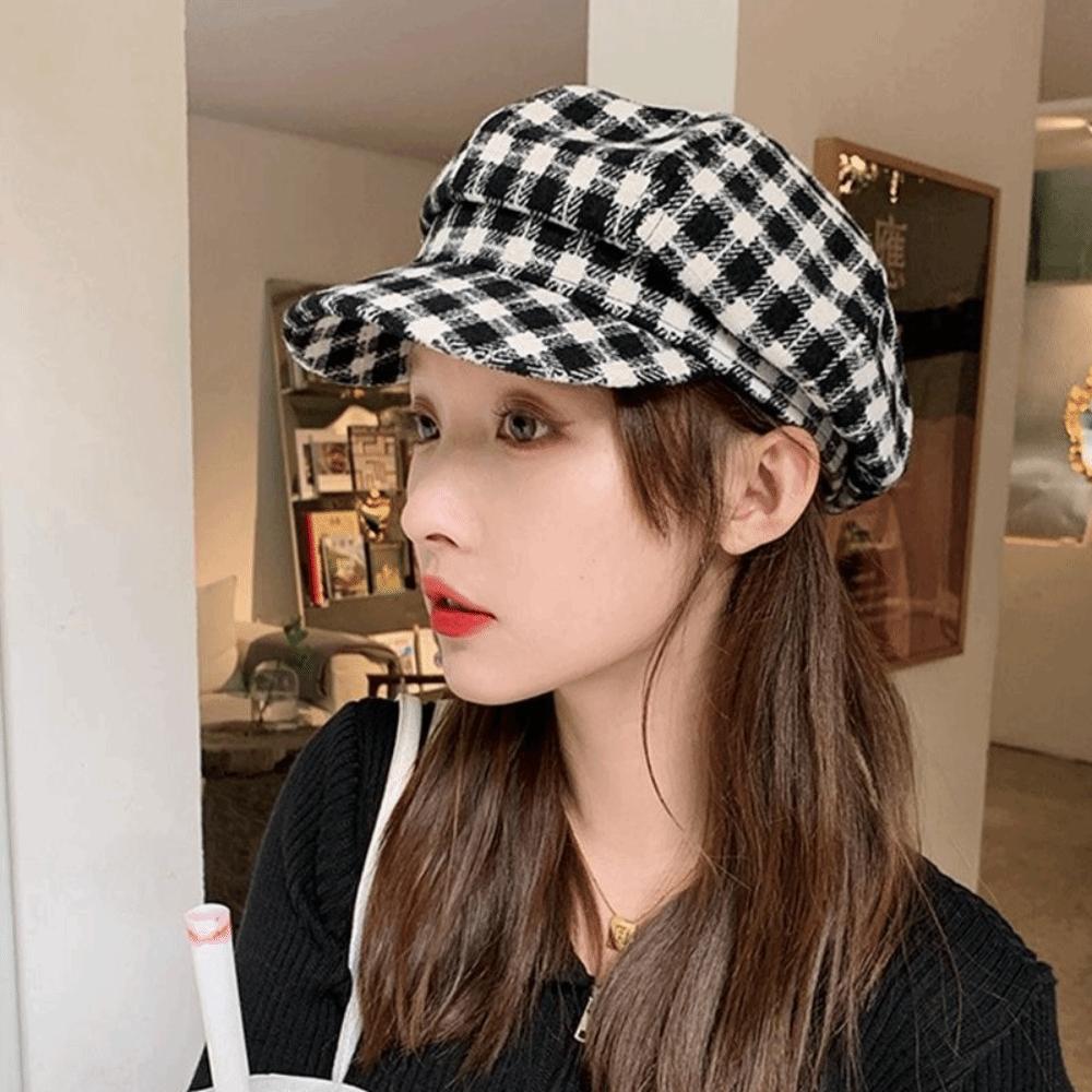 Small Fragrant Style Women Painter Hat Korean Style Women Octagonal Cap Plaid Beret Hat Outdoor