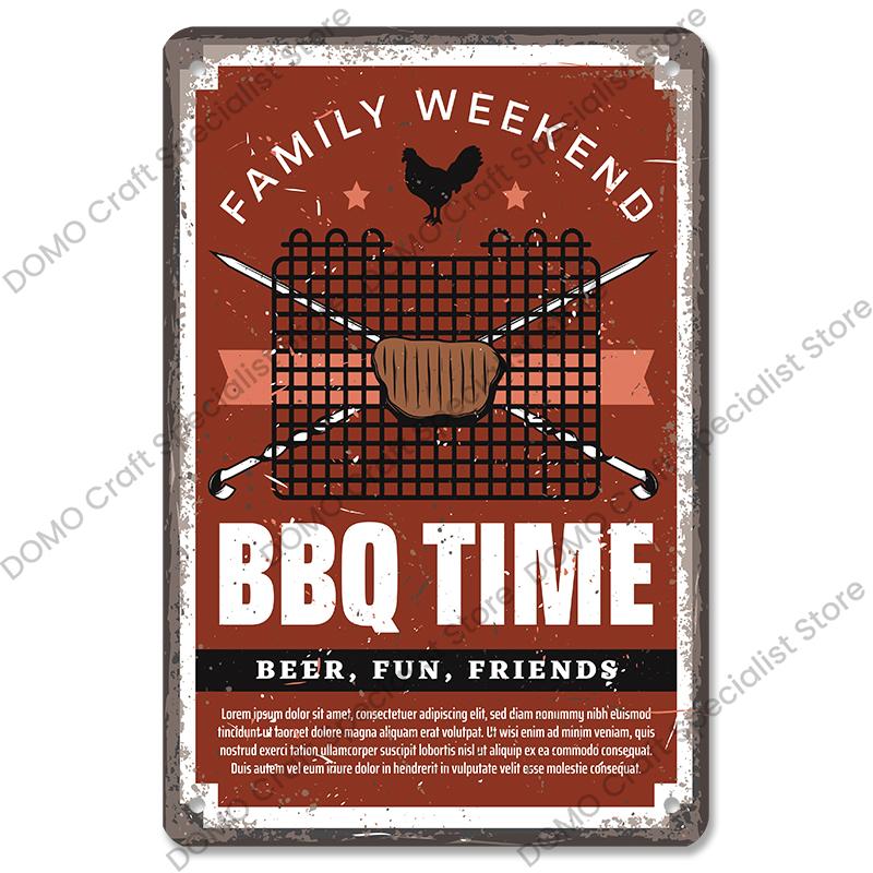 Vintage Barbecue Plaques Metal Tin Signs Grill Meat Steak Sausage Retro Metal Plate Wall Decor BBQ Party Shop Dining Room