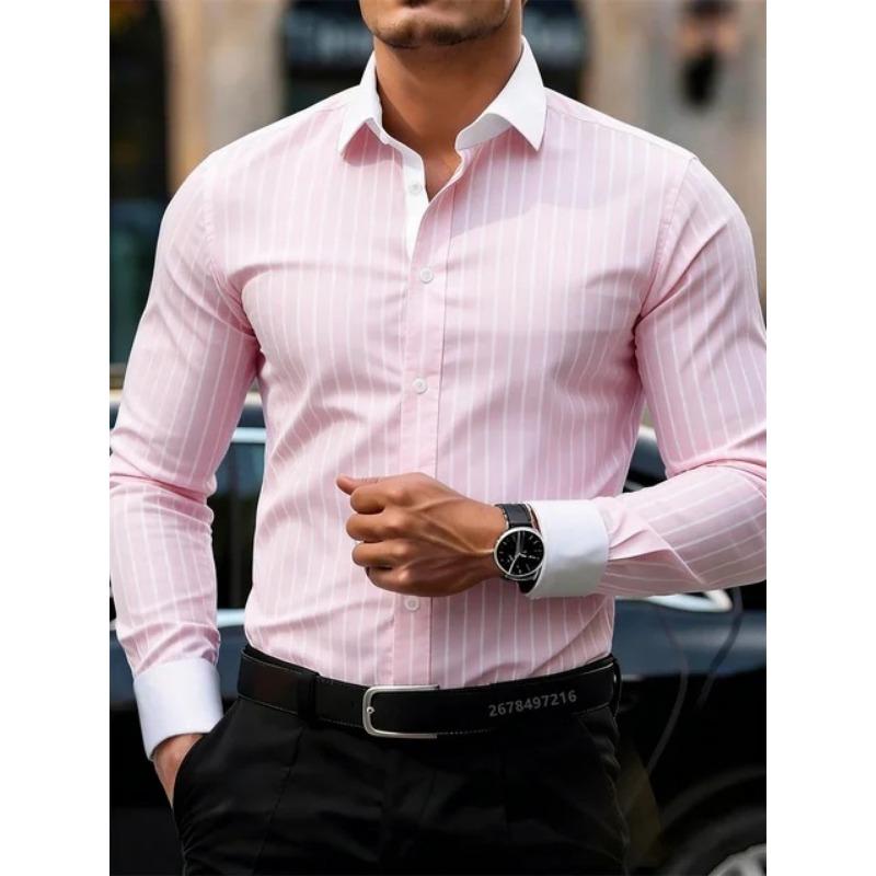 Camicia da Uomo a Maniche Lunghe con Strisce Verticali Colletto a Contrasto Top Casual Formale