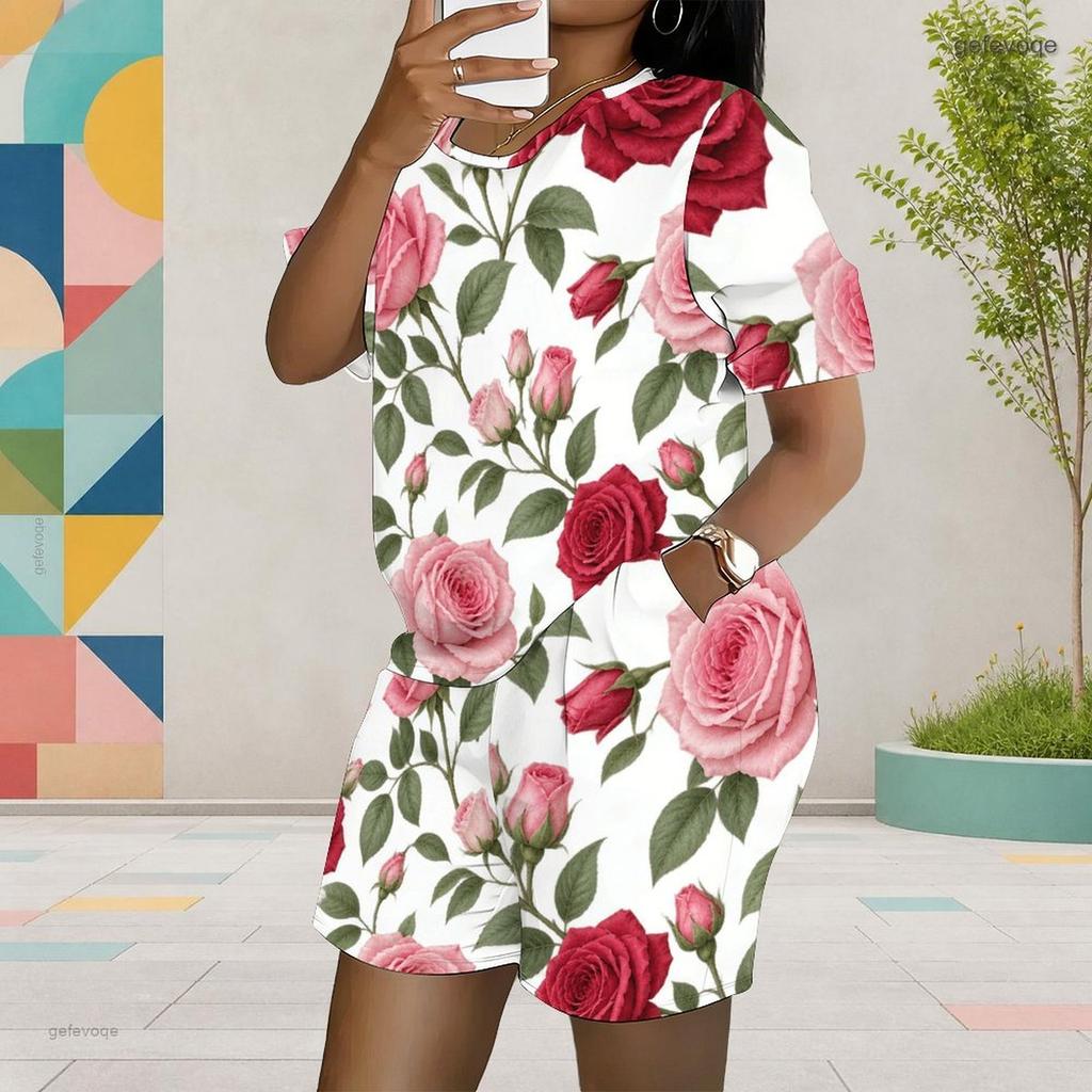 Women Plus Size Two Piece Set Round Neck Short Sleeve Printed Top And Pocket Shorts