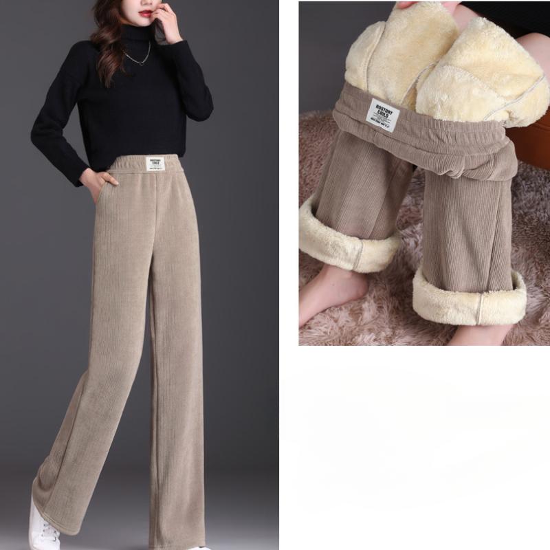 Zimowe damskie spodnie z wysokim stanem, koreańskie, z podszewką z polaru, z szerokimi nogawkami, casualowe, grube, ciepłe, luźne spodnie dresowe, z jagnięcą wełną, proste pantalones