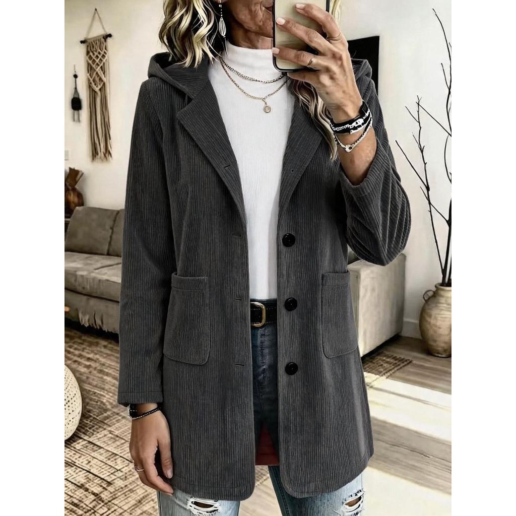 New Autumn Women's Loose Mid-length Corduroy Hooded Jacket, Casual Streetwear Outerwear for Crossborder