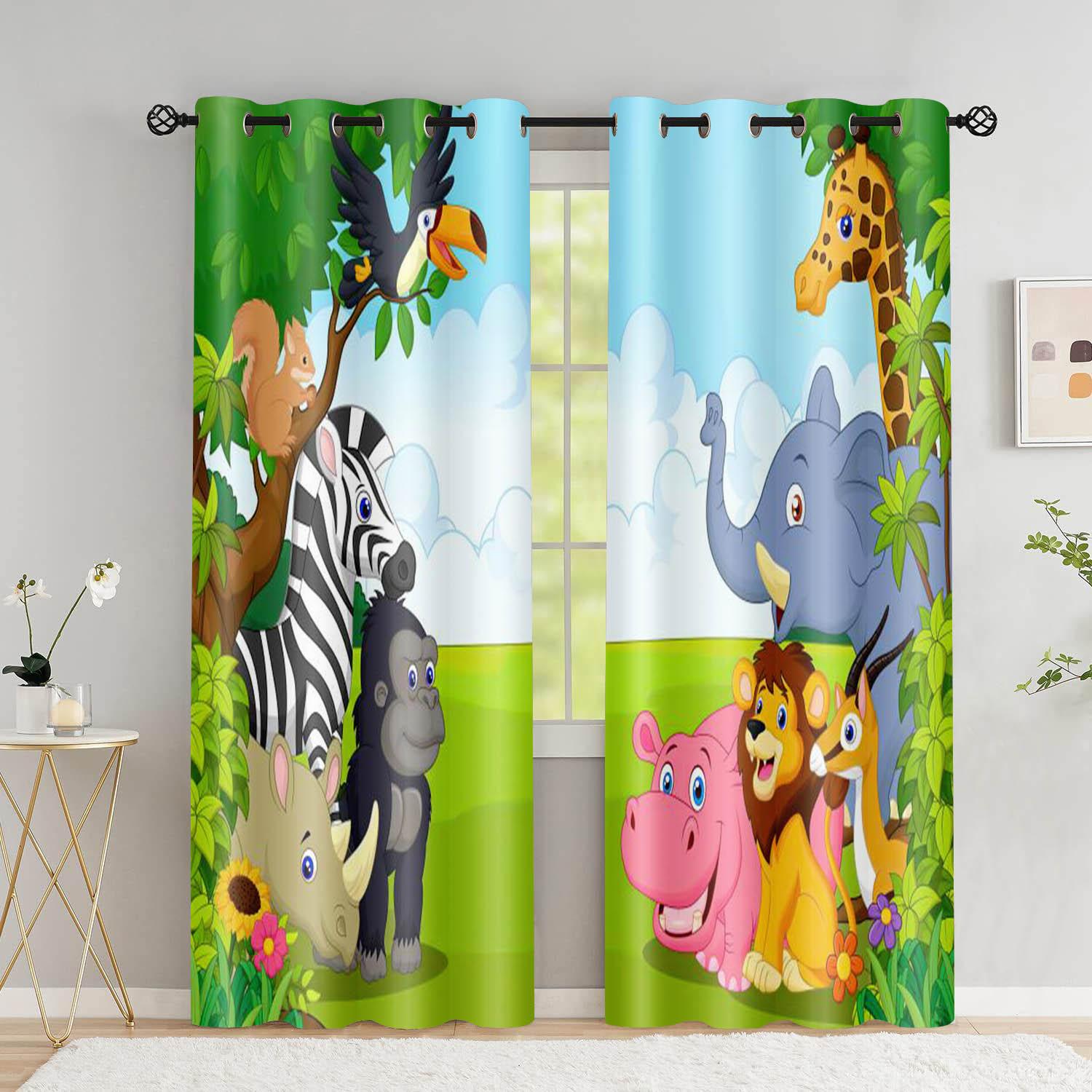2 stuks Safari Dieren Raam Gordijn Cartoon Jungle Bos Print Gordijnen Woondecoratie Gordijnen voor Baby Kinderen Slaapkamer Woonkamer W50H160(CM)x2&Hook