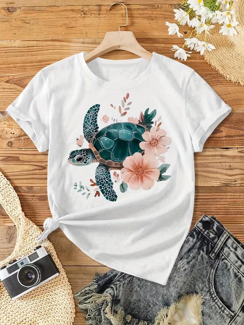 

Womens Vintage Floral Turtle Peach Blossom Print Short Sleeve TShirt Soft Stretch Round Neck Casual Top for Spring Summer S