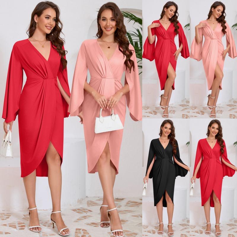 Fortgeschrittener Sinn V-Ausschnitt Über dem Knie Langärmliges Kleid Frühher Herbst Unregelmäßige Falten Taille Kleid Kleid