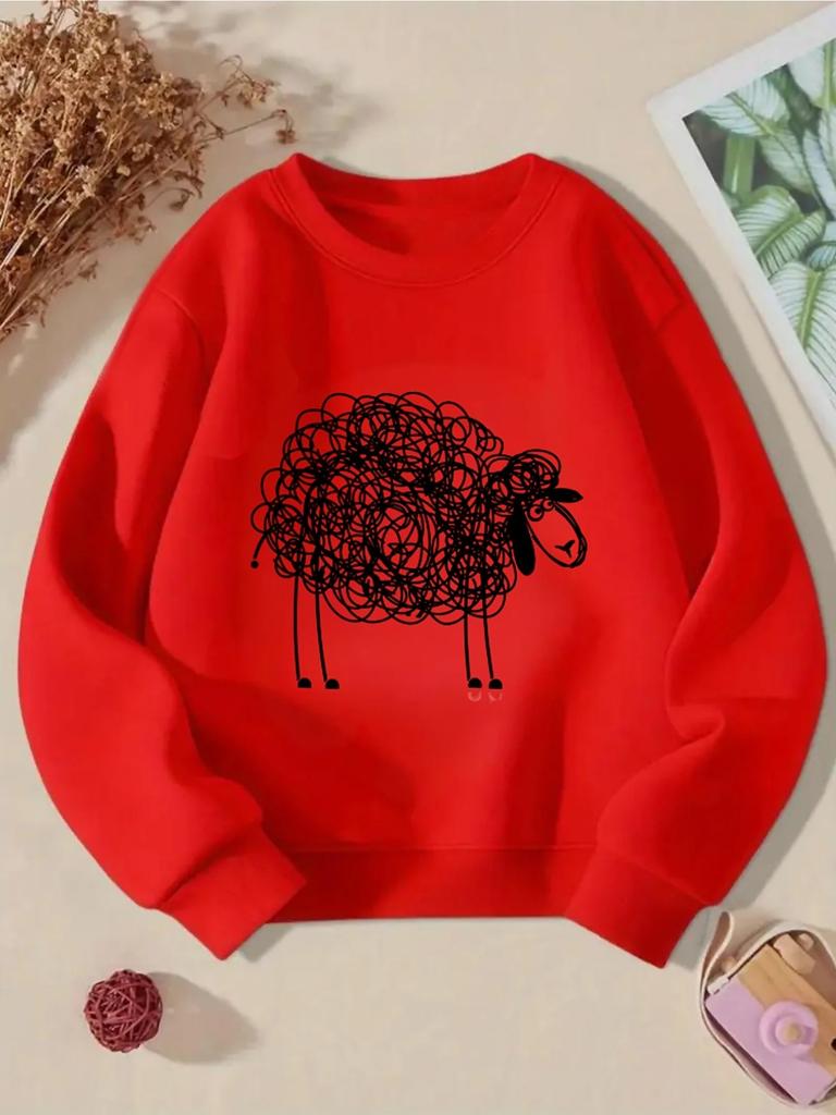 Unisex Crewneck Sweatshirt - Black Woolly Sheep Doodle Pattern Print Machine Washable, Spring And Autumn, Sportswear And Casual Wear, Soft