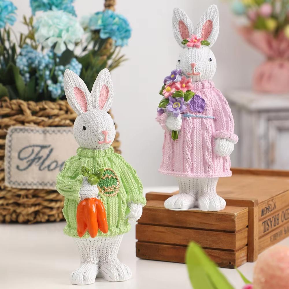 Easter Bunny Resin Figurines Knitted Texture Couple Rabbit Statues With Carrot & Bouquet Home Desktop Decorations Easter Gifts