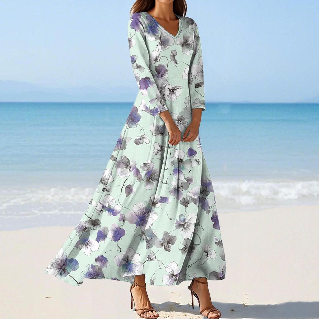Women's Fashion V-Neck Floating Beach Dresses Seven Sleeve Floral Printed Dresses