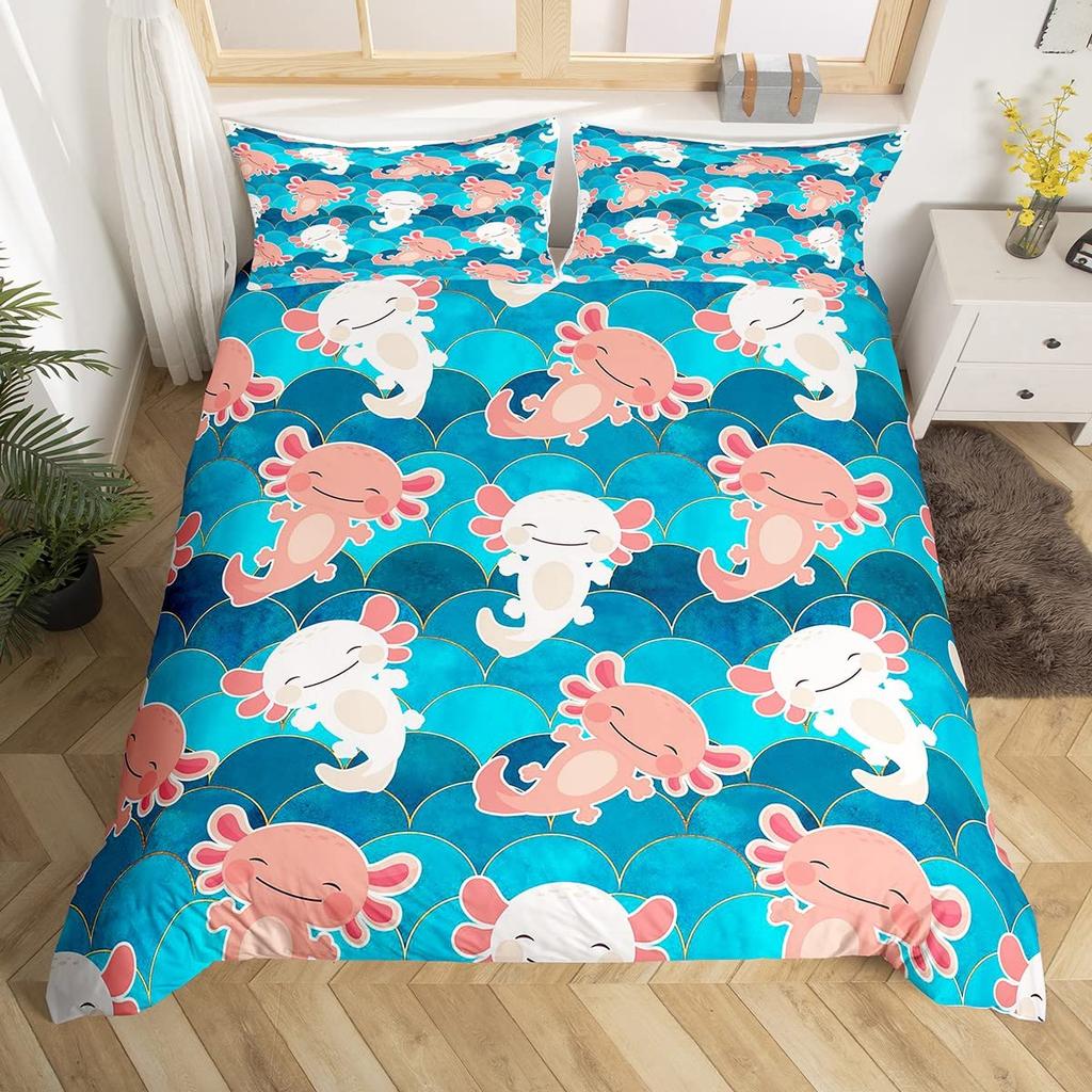 Axolotl Duvet Cover Set Pink Newt Wildlife Comforter Cover With Pillowcases Cartoon Octopus Animal Kawaii Style Twin Quilt Cover