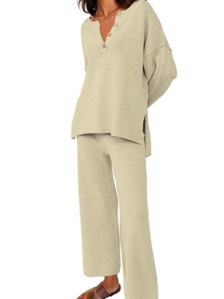 

Женский повседневный вязаный костюм: топ с V-образным вырезом и пуговицами спереди и брюки с широкими штанинами, мягкая вафельная текстура 3XL абрикосовый