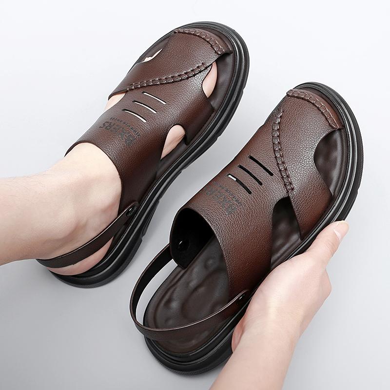 2025Summer Black/Brown Beach Slippers Cowhide Sandals Breathable Shoes Men Baotou Sandals Genuine Leather Non-Slip Outdoor Shoes