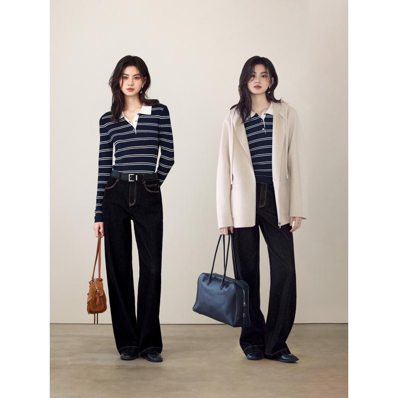 Jiang Xin's Spring 2026 Striped Wool Polo Knitwear with Contrasting Colors