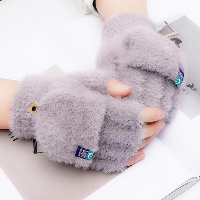 Cat Claw Gloves Women's Autumn and Winter Warm Fleece Thickened Student Writing Riding Cute Knitted Half Finger Flip Gloves