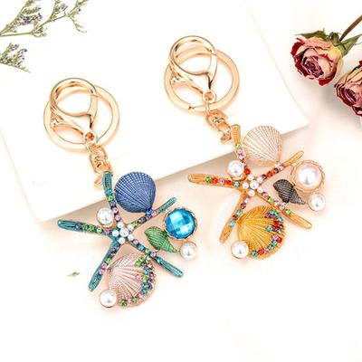Rhinestone Starfish Keychain Sparkling Shell Faux Pearl Keyring Pendant for Purse Backpack Accessory Gift for Friends