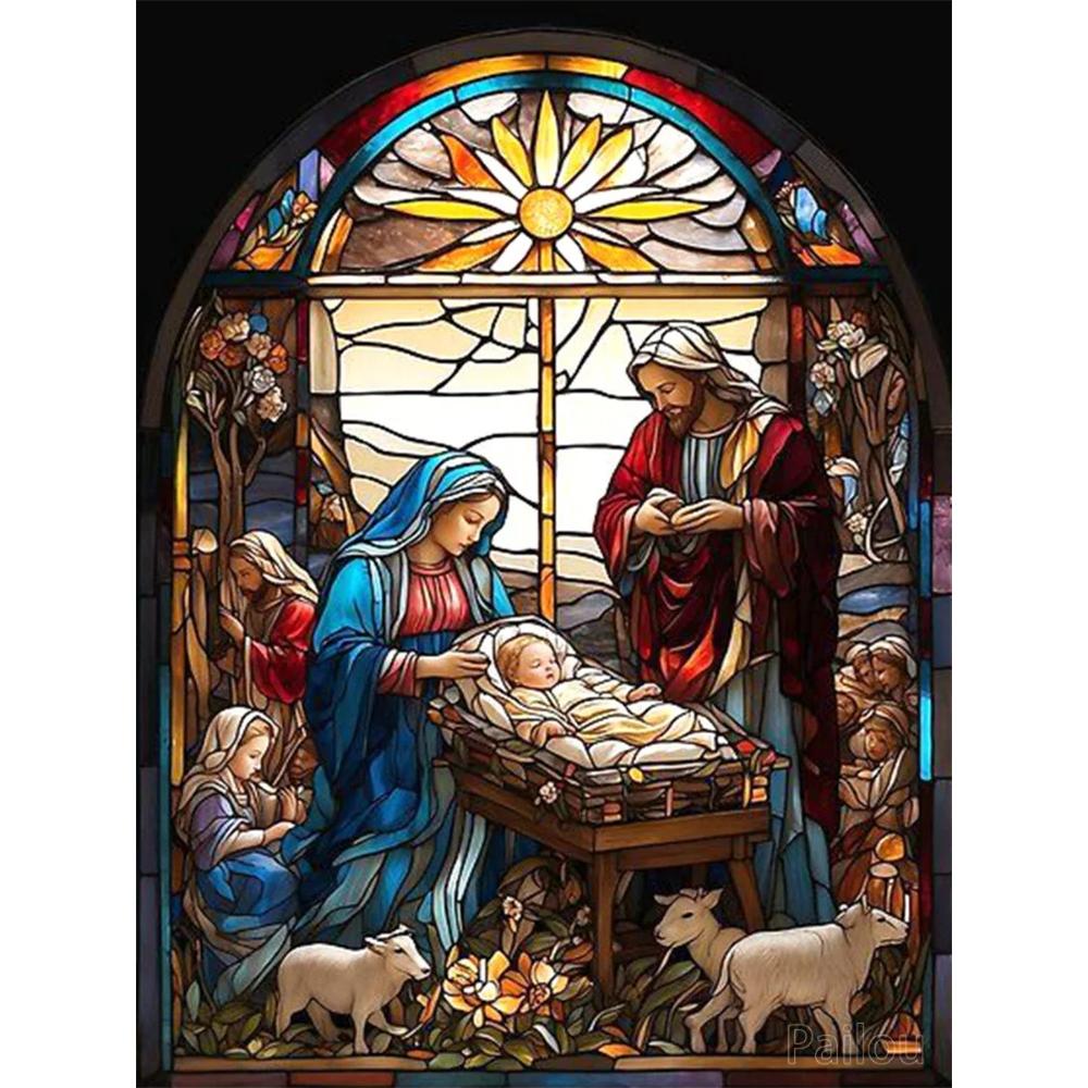 Jezus Chrystus Sztuka Witrażowa DIY 5D Malowanie Diamentowe Religijny Święty Krzyż i Maryja Dziewica Mozaika Haft Krzyżykowy Prezent Wystrój Domu