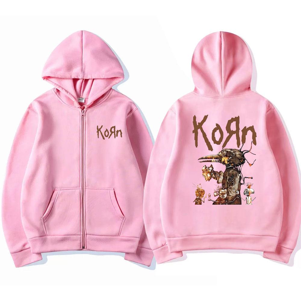 Vintage 90s Singer Rock Band Korn Grafische Rits Hoodie Streetwear Mannen Vrouwen Los Oversized Rits Hoodies Man Hip Hop Sweatshirt XL roze