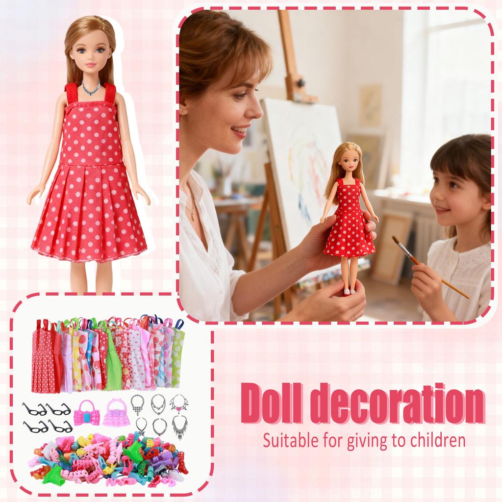 32-piece Doll Accessory Set: 10 Doll Dresses + 4 Pairs Of Glasses + 6 Necklaces + 2 Handbags + 10 Pairs Of Shoes