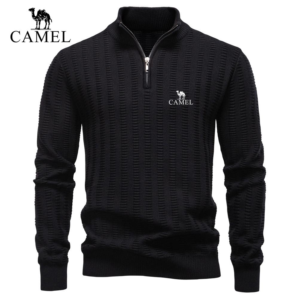 Camel Herbst- und Winter-Stickerei 2026 Neuer gestreifter Jaquard Herren-Pullover Übergröße, Halber Reißverschluss Stehkragen Business-Pullover