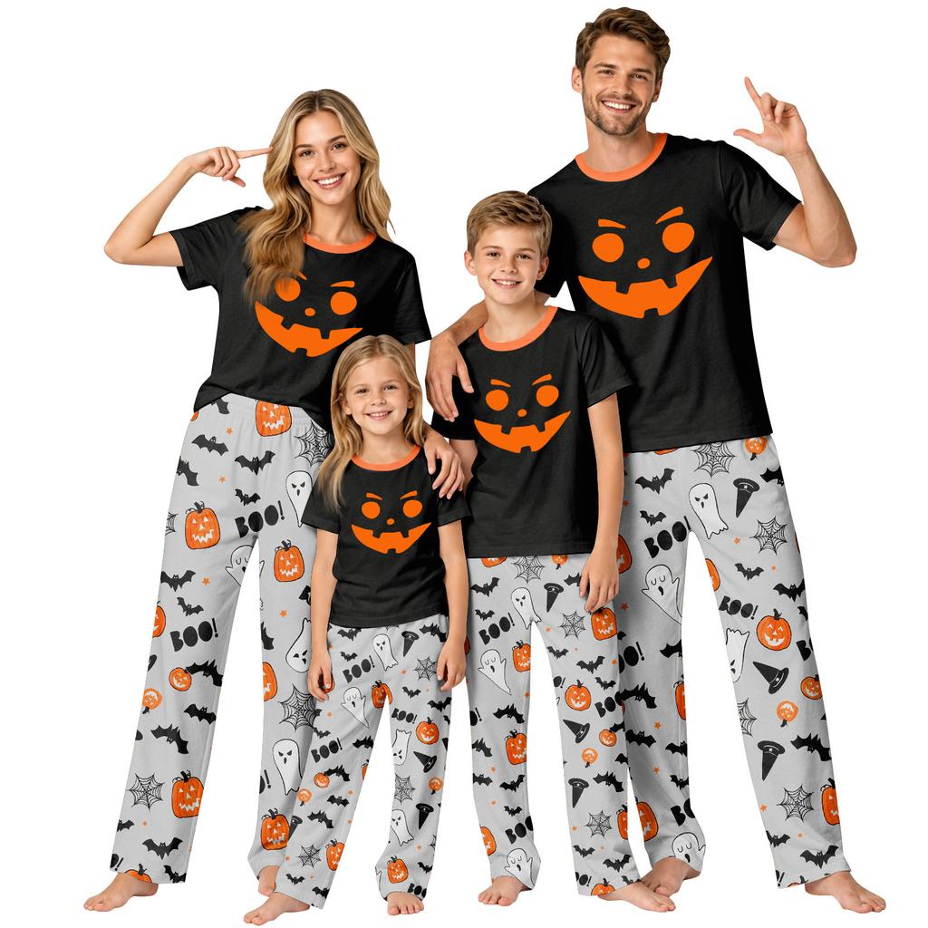 Family Matching Halloween Print Loungewear Set Short Sleeve Top and Pants for Parent and Child