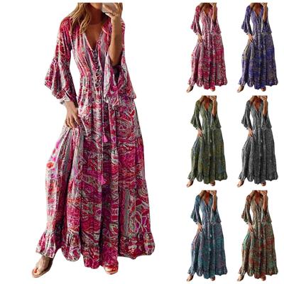 Women's Trumpet Sleeve Printed V-Neck High Waist Sexy Casual Dress