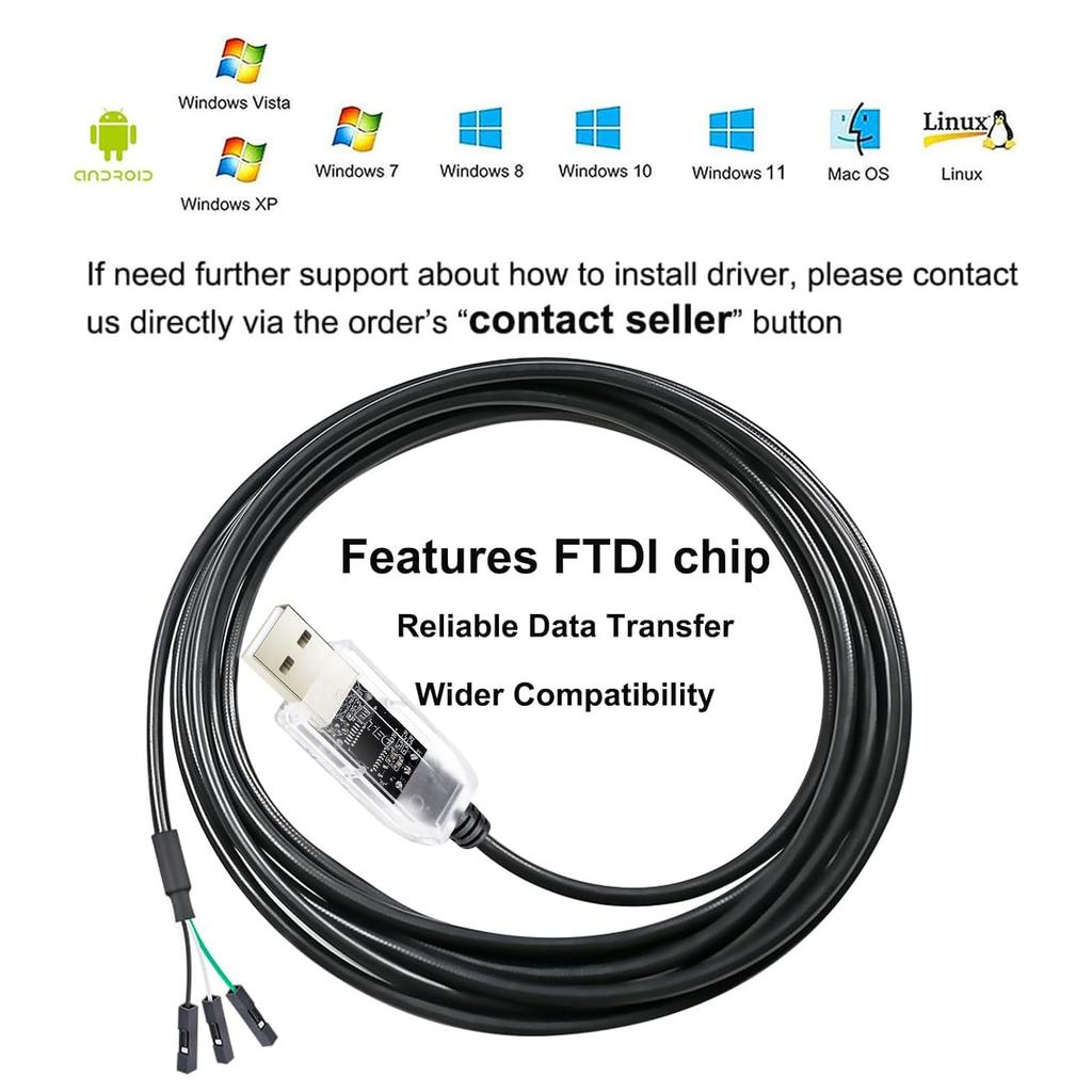 DTECH USB TTL Serial Converter Cable with FTDI Pitch Female Compatible with Windows and Mac 3.3V 1.8m Chipset, 3-Pin 2.54mm Connector, FT232RL, 11,