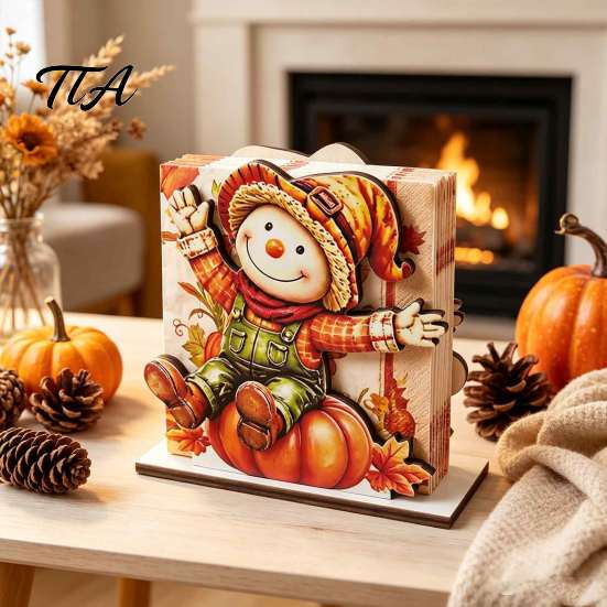 Wooden Autumn Table Accents Fall Scarecrow Napkin Holder, Harvest Pumpkin Thanksgiving Dinner Accessories Dispenser, Farmhouse Tabletop Decor for Home