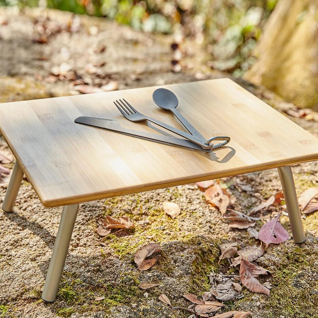 ATEPA Mini Faltbares Outdoor Solo Niedrig 15kg Gewicht Bett mit Freizeit-Tisch, Bambus, Kompakt, Klein, Tisch, Camping, Tisch, Kapazität, Aufbewahrung, Picknick,