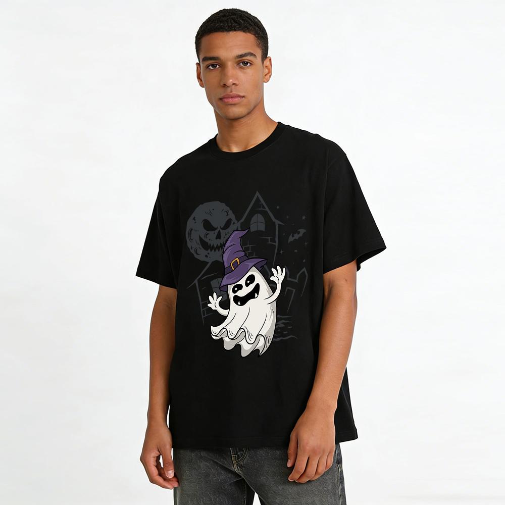 Spooky Witch Hat Ghost Halloween Graphic Casual Top Pure Cotton T-shirt