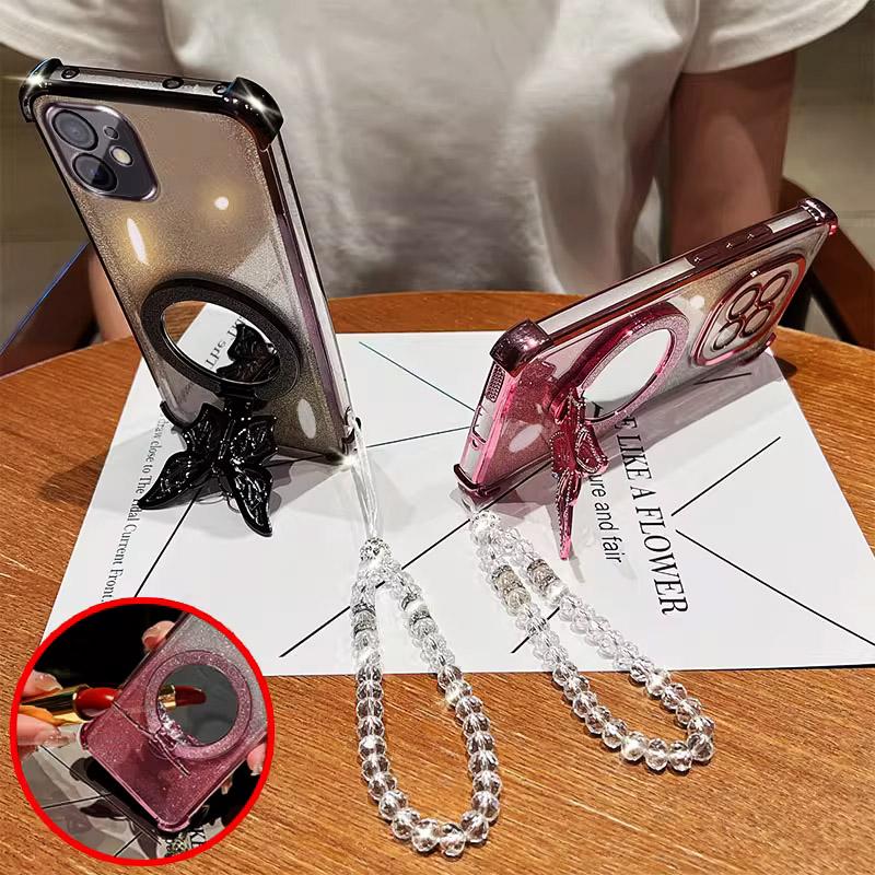 Mirror Butterfly Folding Stand Bracelet Phone Case For Samsung A56 A36 A26 A16 A06 S25 FE S24 Ultra S23 FE Plus Shockproof Cover