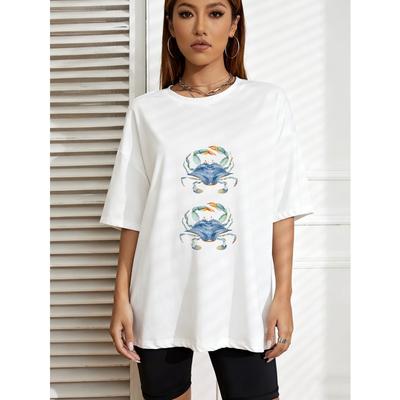 Camiseta Blanca Oversize Con Estampado de Cangrejo Azul Para Uso Casual