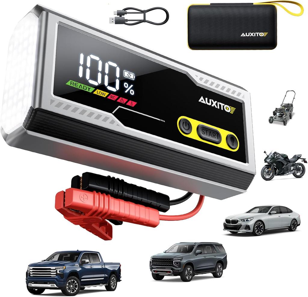 6000A Jump Starter, 12V Portable Car Battery Booster with LED Display, 3-in-1 Flashlight, Jumper Cables & Case