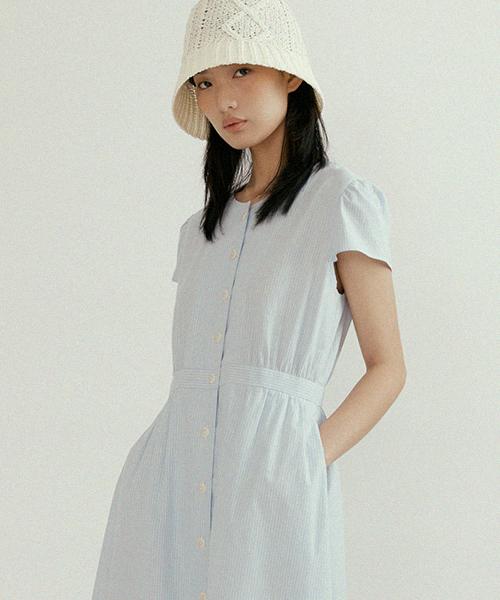 Lingseoul Stripe Button Shirring Dress-Stripe
