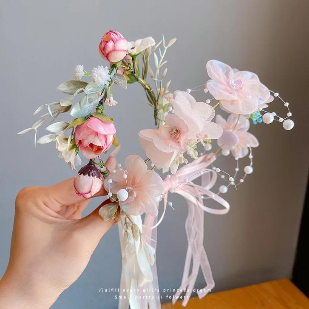 Children's Crown Flower Lace Headwear Cute Princess Garland Pearl Ribbon Hair Clasp Wedding Flower Girls Hair Accessories