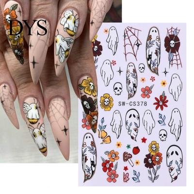 Festival Theme Manicure Stickers Halloween Nail Art Stickers, Ghost Flower Skull Spider Web Self-Adhesive Decals, DIY Supplies for Women Girls Decals