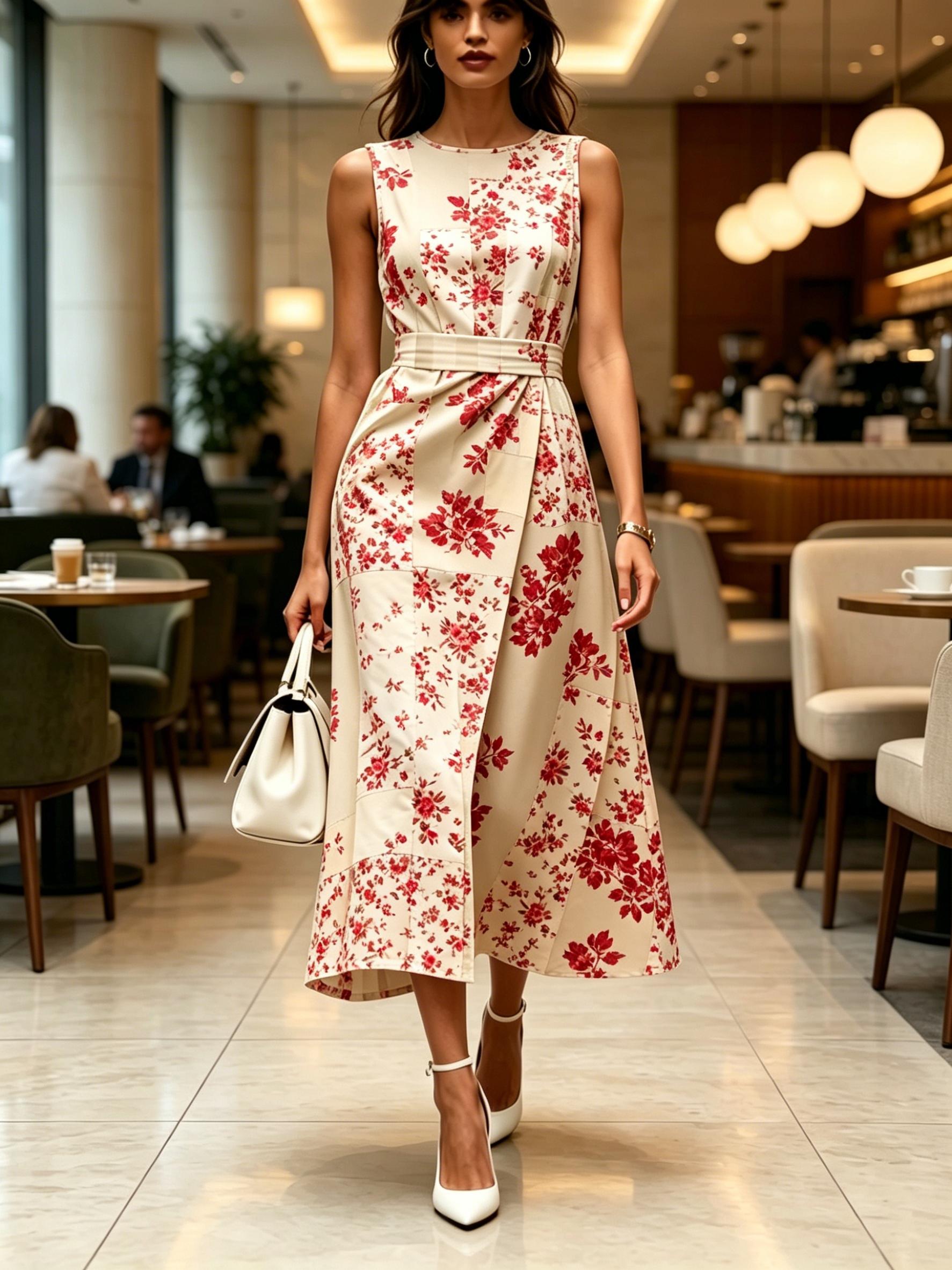 

Round neck sleeveless midi dress with red floral printed pattern beige women modern elegant casual fashionable spring summer autumn women s clothing XXS