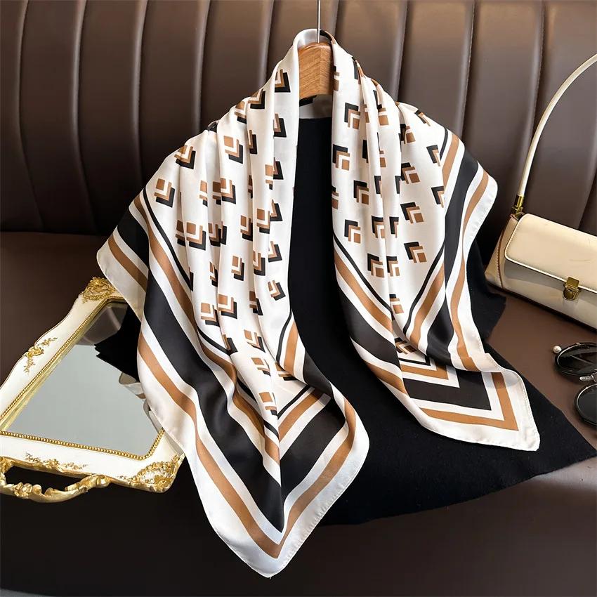 2025 New 90*90cm Fashion Scarves Women Shawl Print Silk Satin Hijab Bandana Luxury Brand Square Ladies Bandanna Foulard Muffler