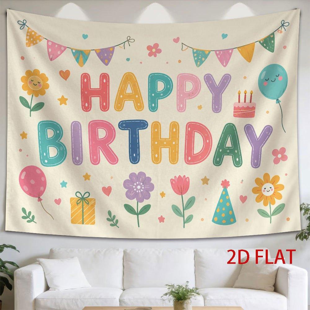2D Flat, 1pc 2D Flat Tapestry Birthday Greeting Tapestry Featuring Colorful Banners, Flowers, and Balloons for Celebration, 2D Flat
