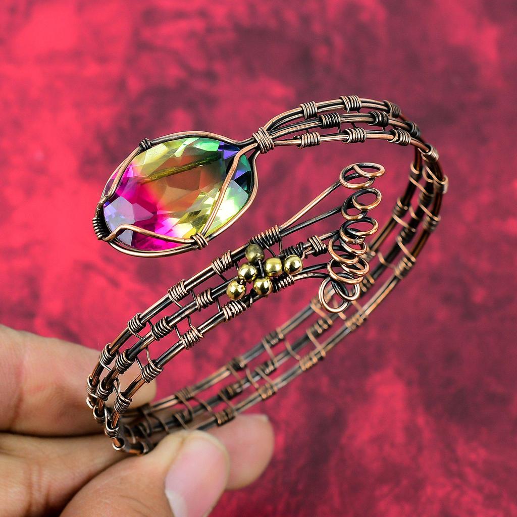 Faceted Multi Tourmaline Bangle Copper Wire Wrapped Handmade Bangle Gemstone Cuff Bracelet Adjustable Bangle Copper Jewelry Gifts For Mother