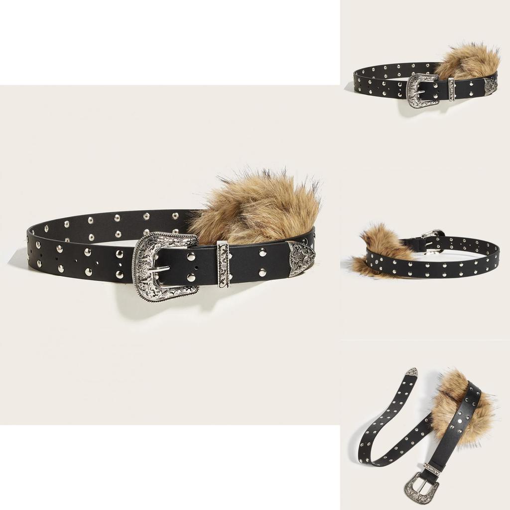 Rivet Leather Wide Waist Belt Artificial Fur Design And Carved Needle Buckle For Everyday Wear