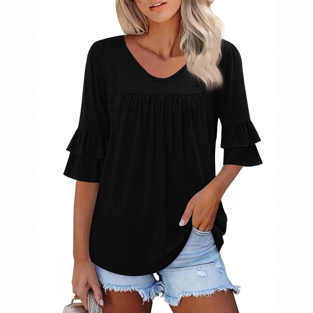 3/4 Length Sleeve Womens Tops Dressy Casual Blouses Bell Ruffle Sleeve Loose Fit Tunic Tops V Neck T Shirts