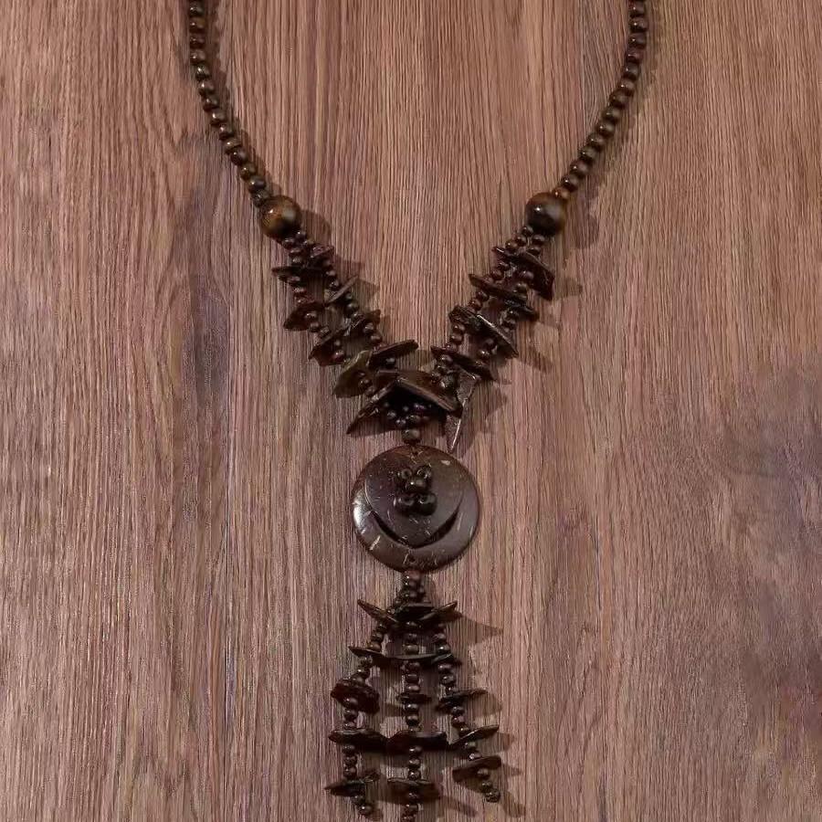 JMXD-Girls Necklace Ethnic Style Necklace Ethnic Style European and American Long Coconut Shell Wood Bead Retro Necklace