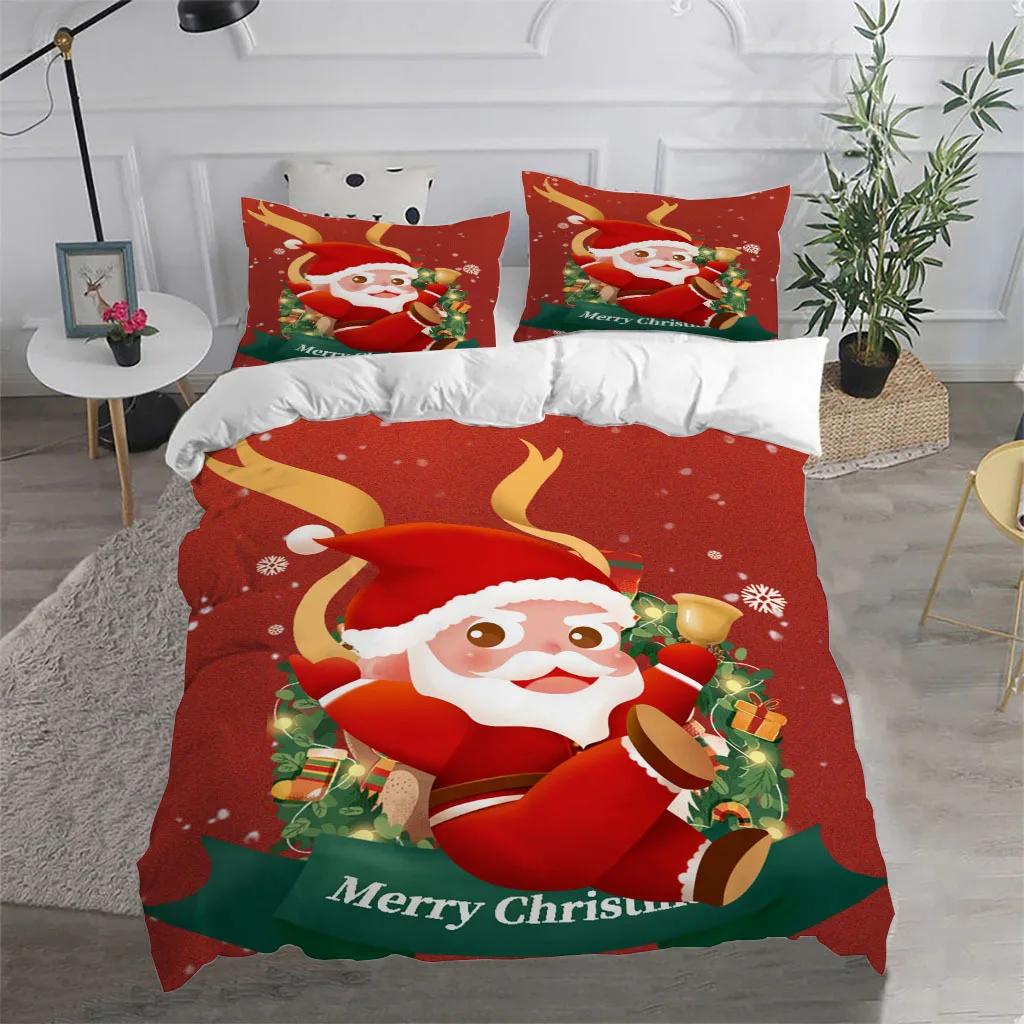 Merry Christmas King Queen Duvet Cover Red Cartoon Santa Bedding Set Kids Boys Girls Christmas Tree 2/3pcs Polyester Quilt Cover